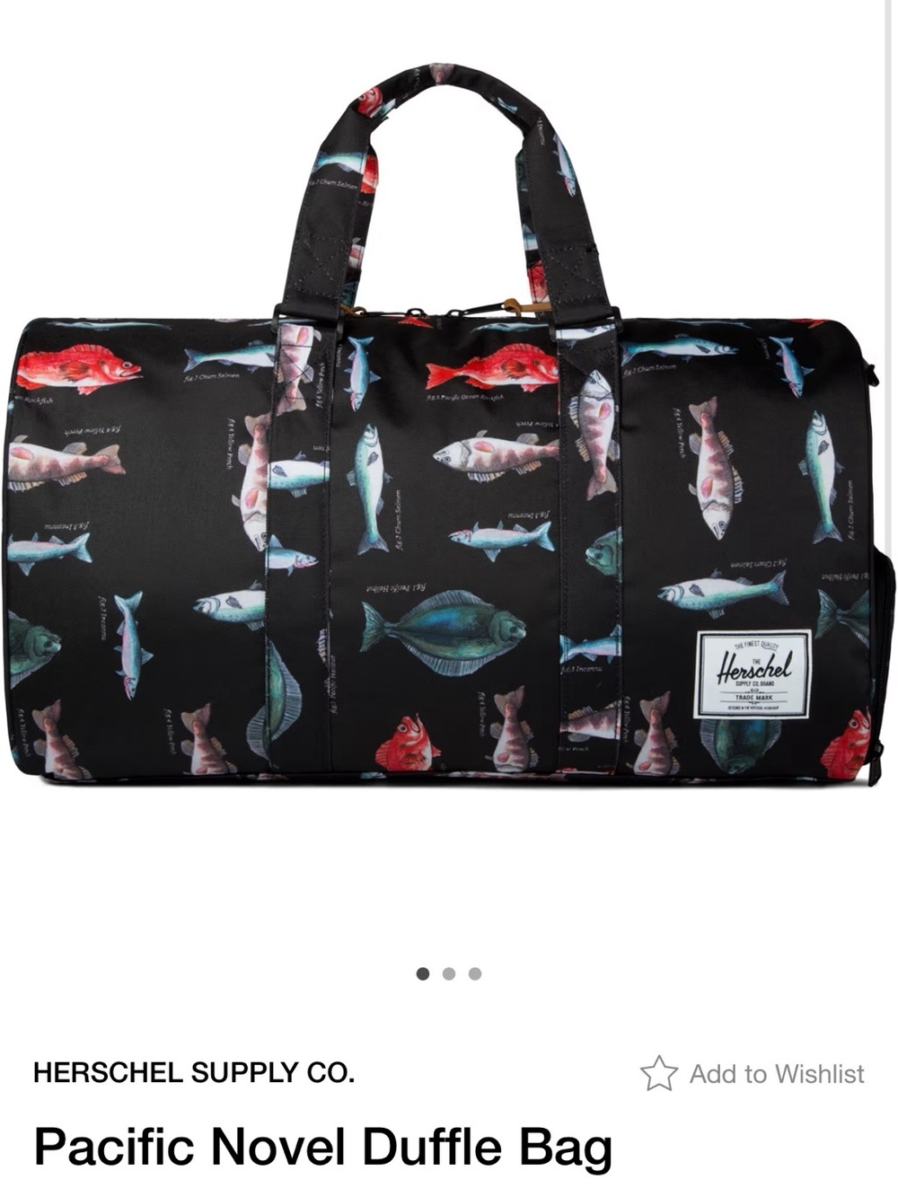 Herschel Supply Co. Black Duffle Bag with Multicolor Fish Print